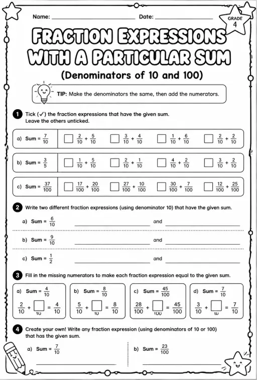 Identify fraction expressions with a particular sum: denominators of 10 and 100