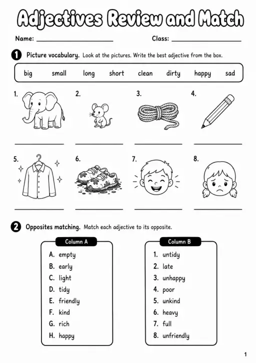 Adjectives Flyers Grammar Worksheet Pack