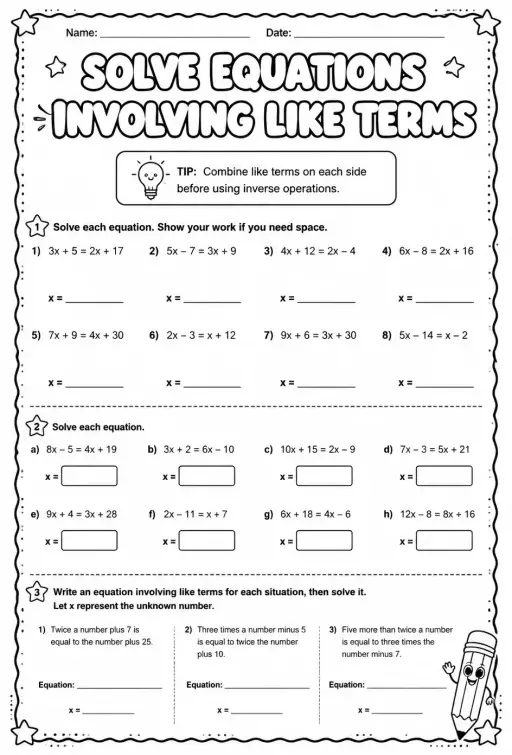 Solve equations involving like terms