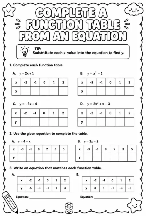 Complete a function table from an equation