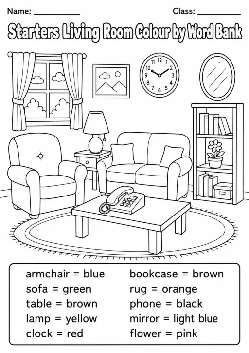 Living Room Starters Color by Word Bank Worksheet Pack