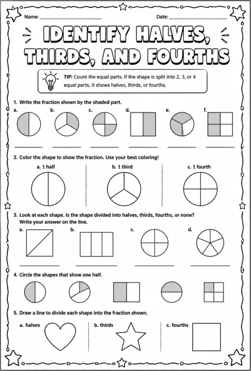 Identify halves, thirds, and fourths