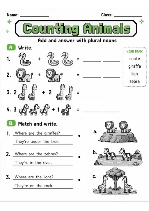Counting Animals | Grade 1 Math and Grammar Worksheet