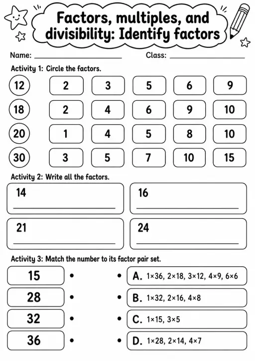 Grade 5 Factors, Multiples, And Divisibility Math Worksheet Pack