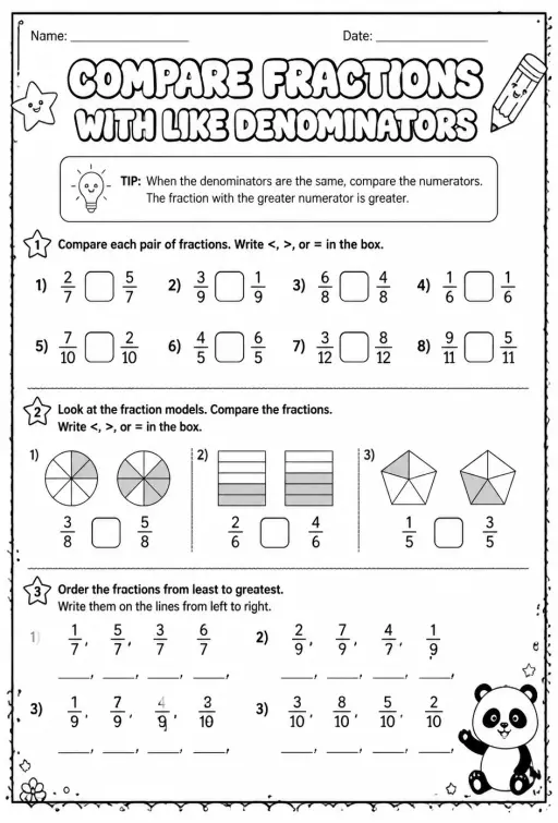 Compare fractions with like denominators