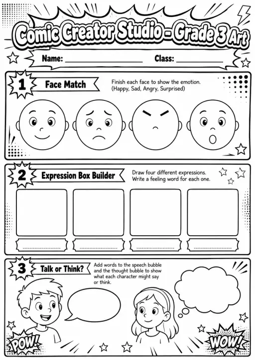 Comic Creator Studio: Character Expressions Worksheet Pack
