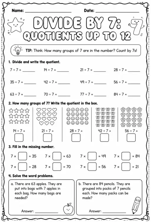 Divide by 7: quotients up to 12