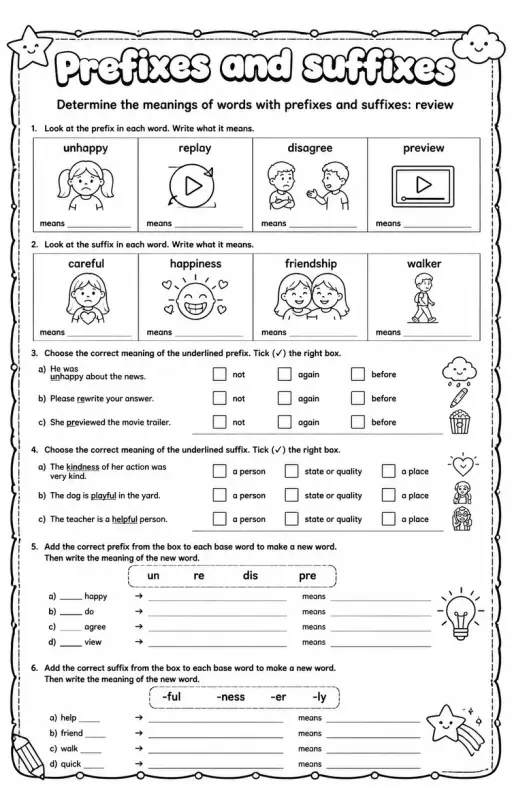 Determine the meanings of words with prefixes and suffixes: review