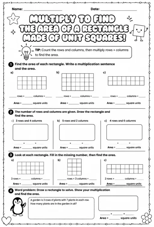 Multiply to find the area of a rectangle made of unit squares