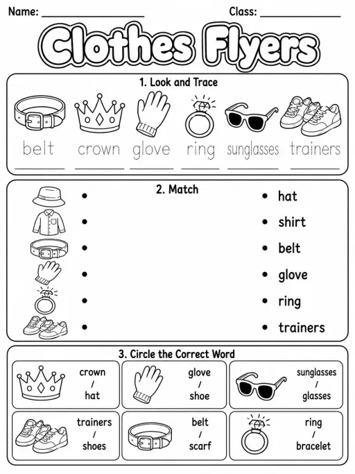 Clothes Flyers Vocabulary Worksheet Pack