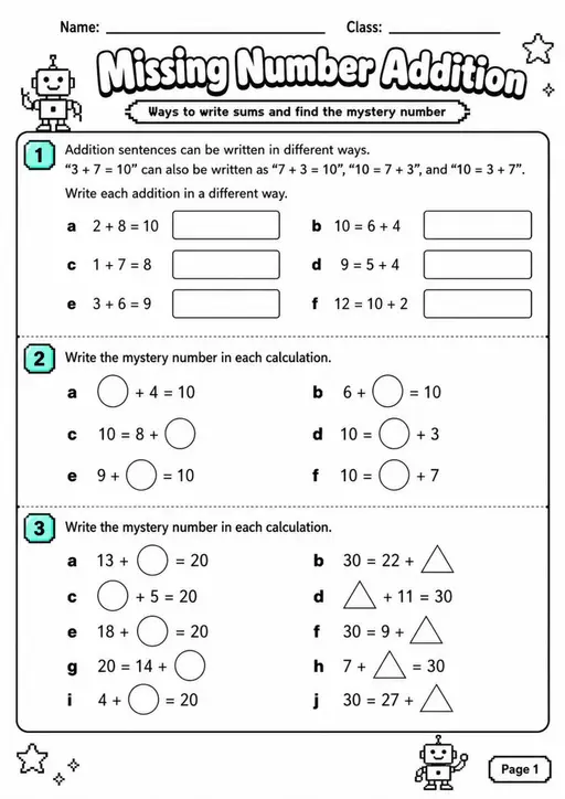 Missing Number Addition - Grade 3 Math Worksheet - grade 3 Reading, explanation, and short-response questions