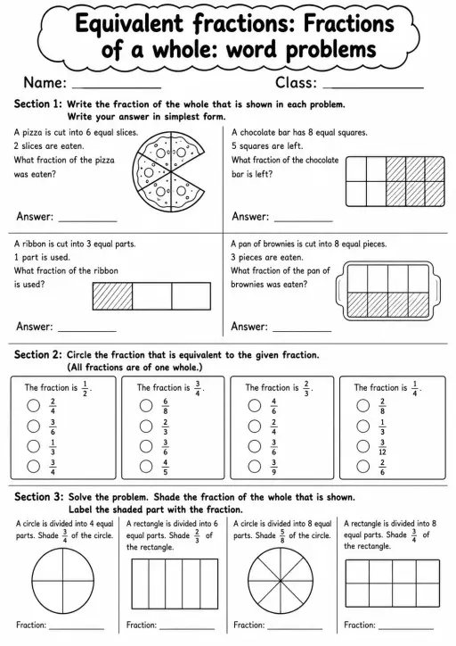 Grade 4 Equivalent Fractions Math Worksheet Pack