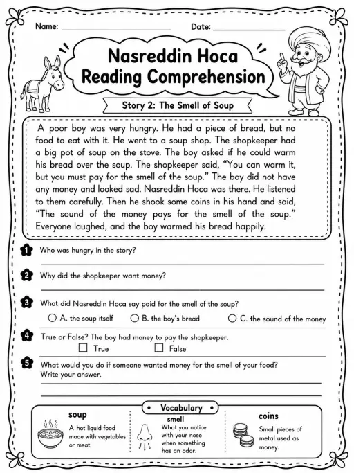 Nasreddin Hoca Reading Comprehension: The Smell of Soup