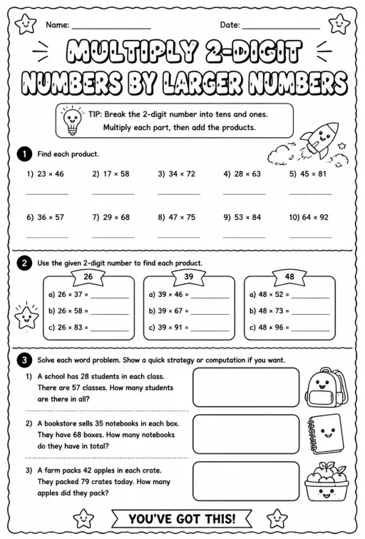 Multiply 2-digit numbers by larger numbers
