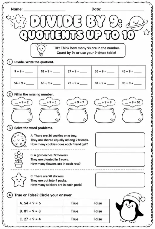 Divide by 9: quotients up to 10