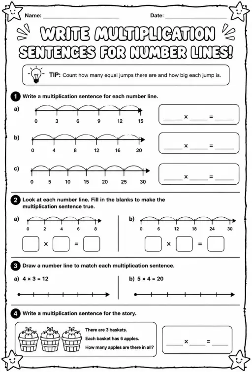 Write multiplication sentences for number lines
