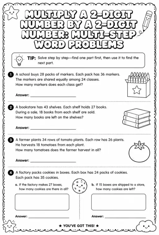 Multiply a 2-digit number by a 2-digit number: multi-step word problems
