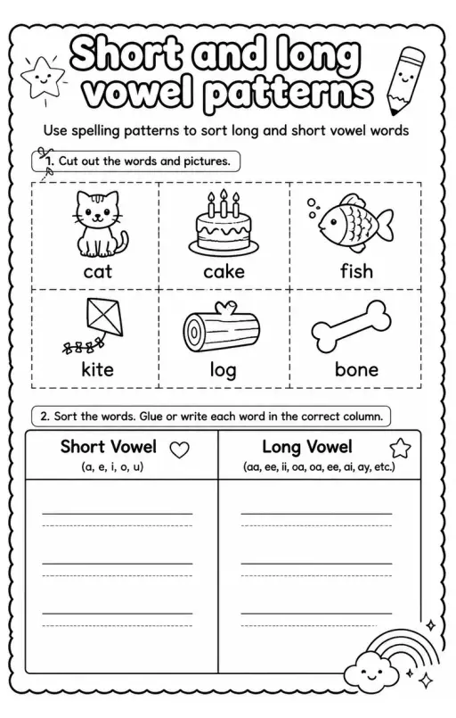 Use spelling patterns to sort long and short vowel words