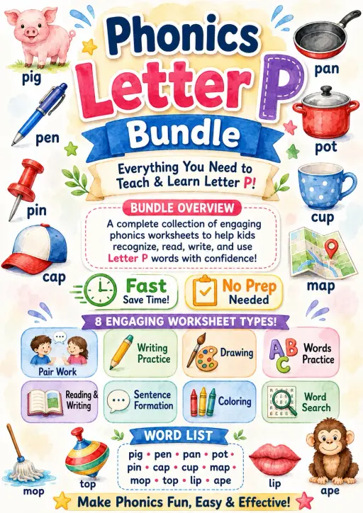 Letter P Phonics Worksheets Pack