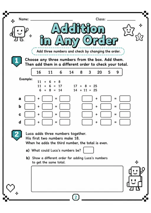 Addition in Any Order - Grade 3 Math Worksheet - grade 3 Printable independent practice