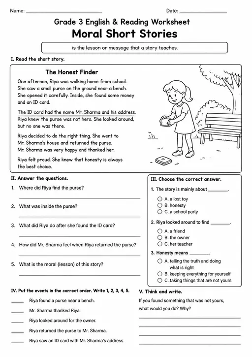 Free Printable Grade 3 ELA Moral Short Stories Reading Worksheet