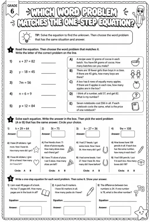 Which word problem matches the one-step equation?