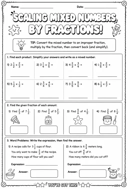 Scaling mixed numbers by fractions