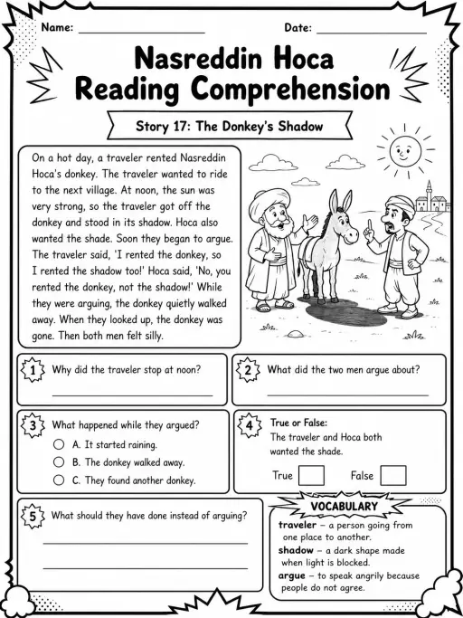 Nasreddin Hoca Reading Comprehension: The Donkey's Shadow