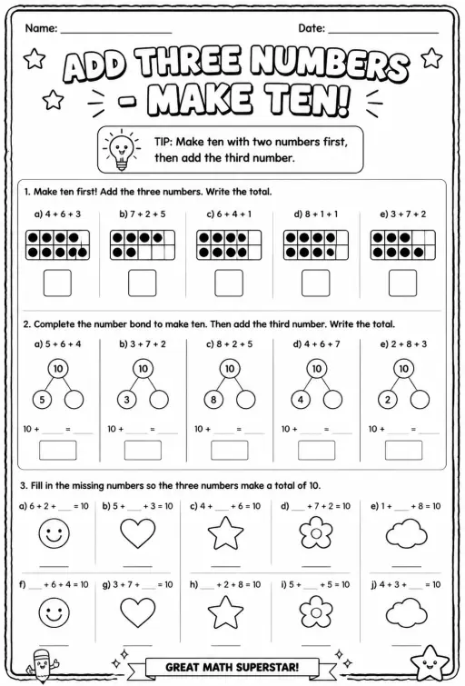 Add three numbers - make ten
