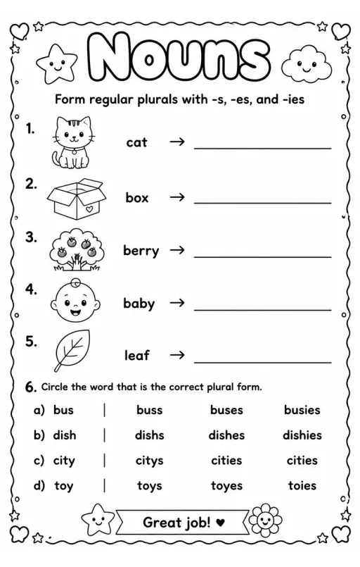 Form regular plurals with -s, -es, and -ies