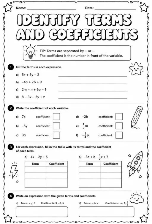 Identify terms and coefficients