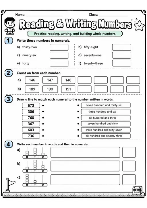 Reading & Writing Numbers - Grade 3 Math Worksheet - grade 3 Labeling, matching, sorting, and classification