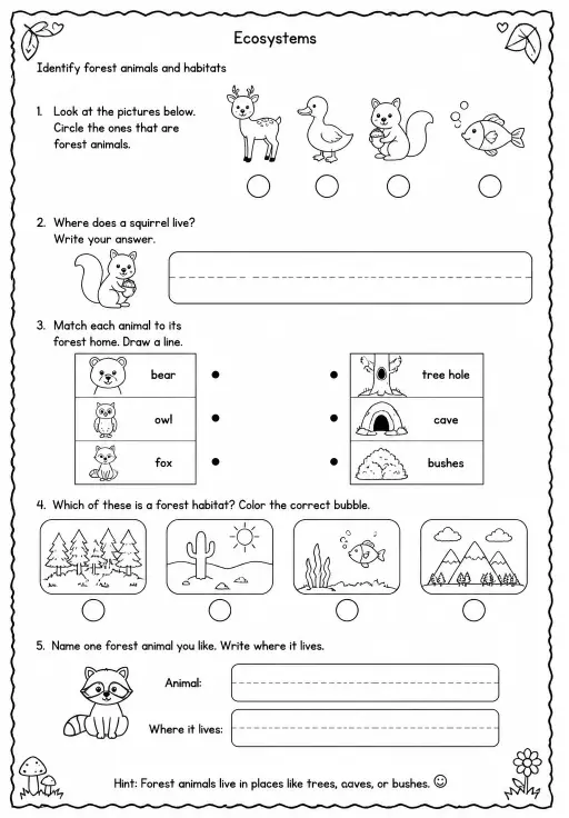 Identify forest animals and habitats