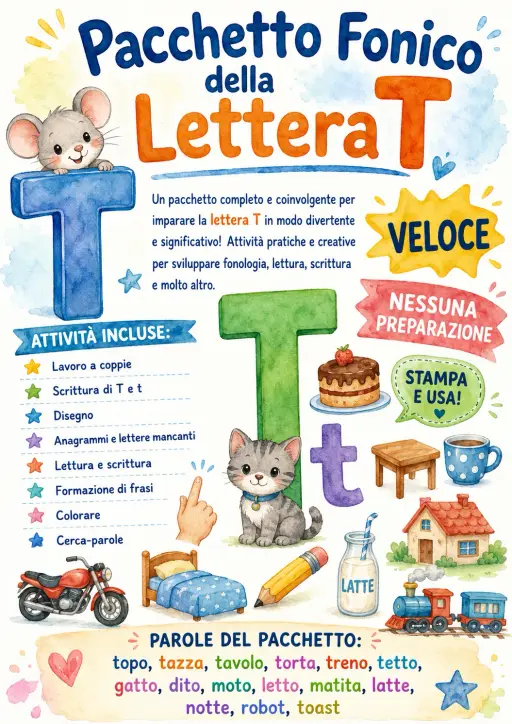Italian Letter T Phonics Worksheets Pack