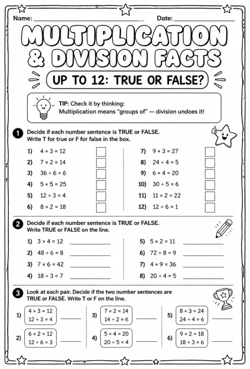Multiplication and division facts up to 12: true or false?