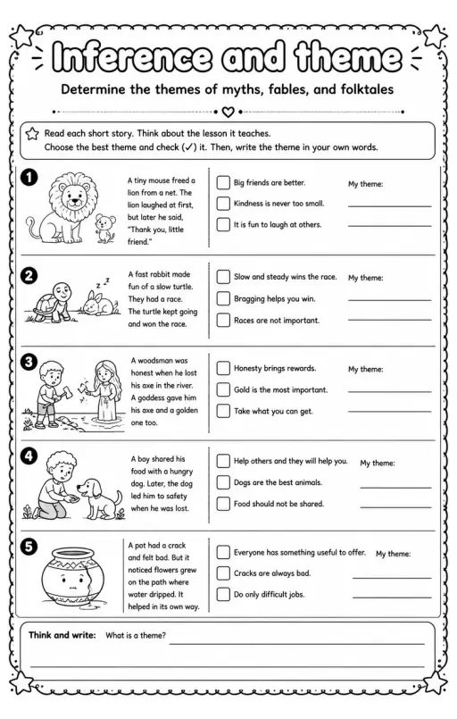 Determine the themes of myths, fables, and folktales