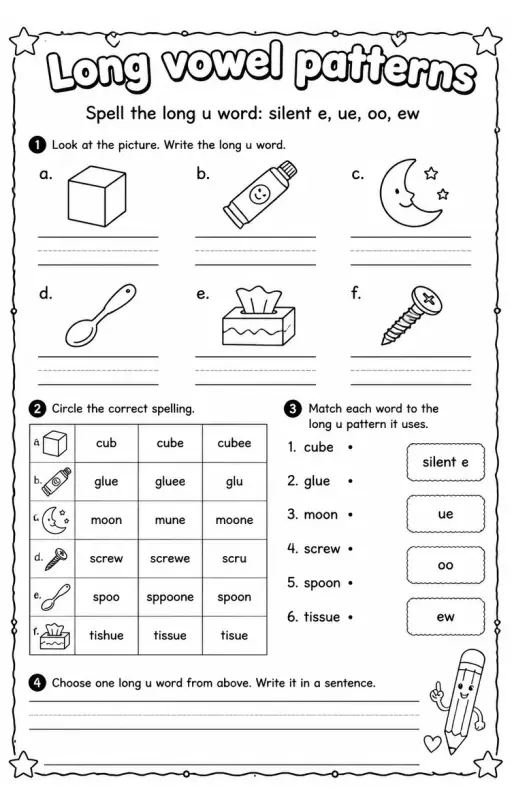 Spell the long u word: silent e, ue, oo, ew