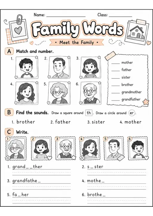 Family Words Pack - 2 Worksheets | Grade 1