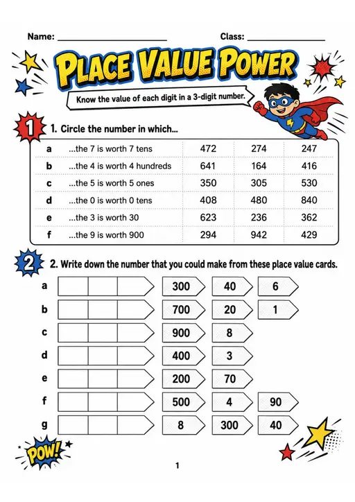 PLACE VALUE POWER - Grade 3 Math Worksheet - WKS-MAT-grade-3-XH-0019-EN