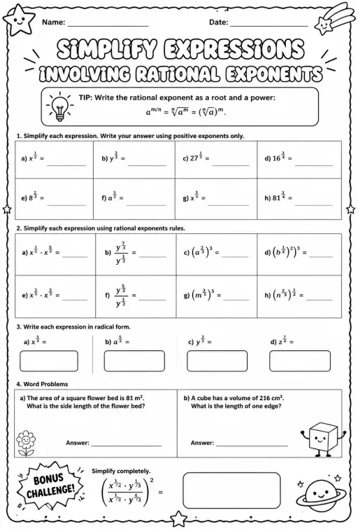 Simplify expressions involving rational exponents