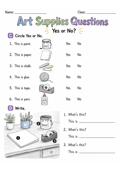 Art Supplies Questions | Grade 1 Vocabulary Worksheet