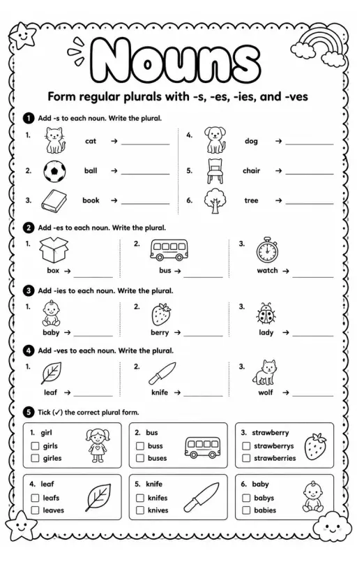 Form regular plurals with -s, -es, -ies, and -ves