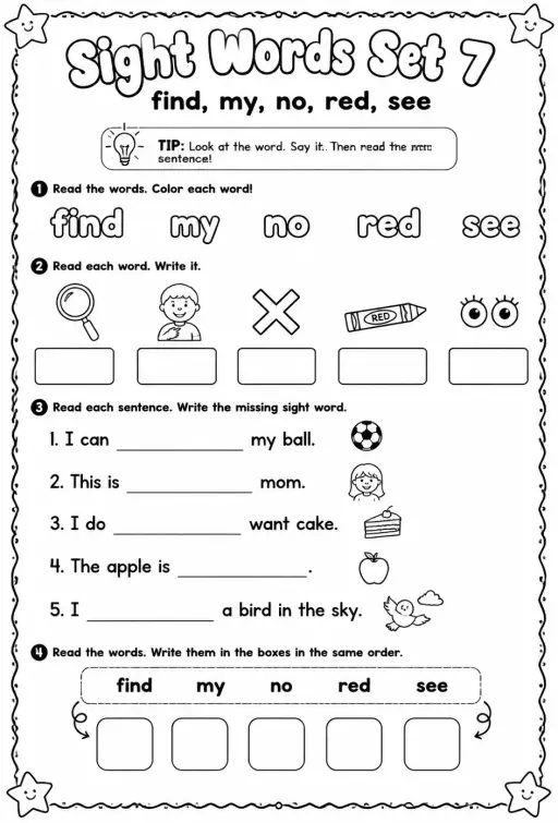 Read sight words set 7: find, my, no, red, see