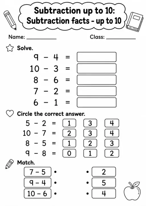 Grade 1 Subtraction up to 10 Math Worksheet Pack