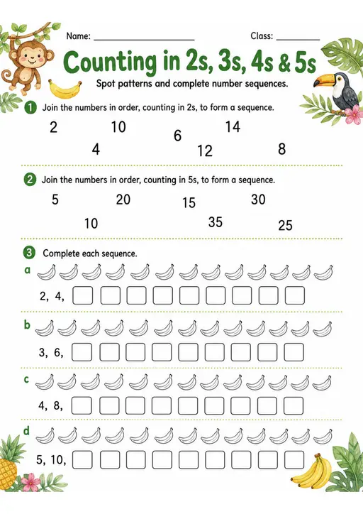 Counting in 2s, 3s, 4s & 5s - Grade 3 Math Worksheet - grade 3 Printable independent practice