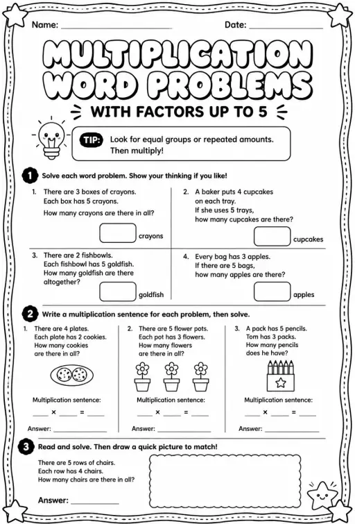 Multiplication word problems with factors up to 5