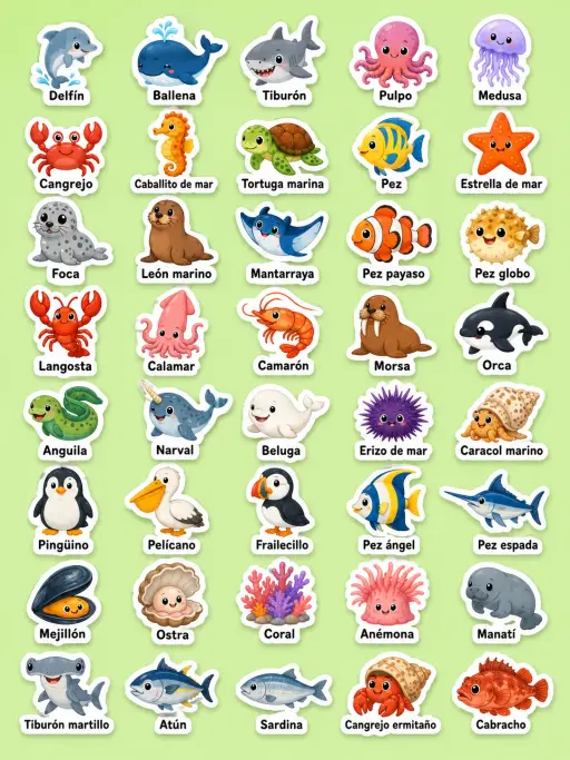 Animales marinos - Hoja de pegatinas imprimibles