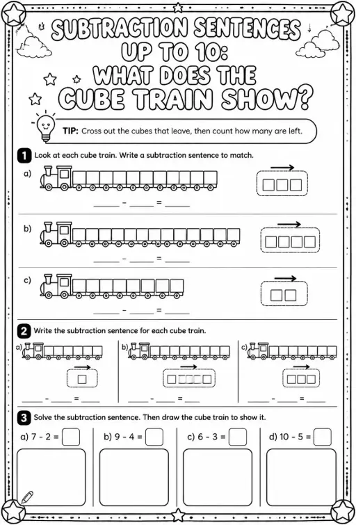 Subtraction sentences up to 10: what does the cube train show?