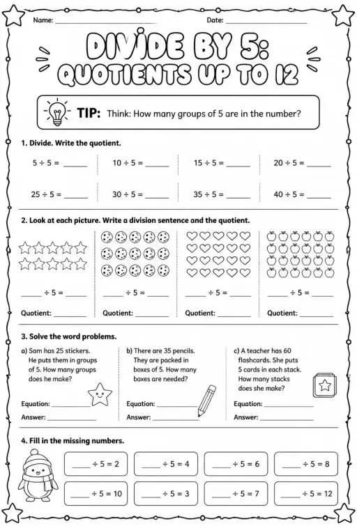 Divide by 5: quotients up to 12