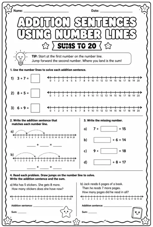 Addition sentences using number lines - sums to 20